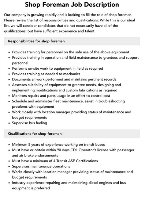 Shop Foreman Job Description [+2024 TEMPLATE] 